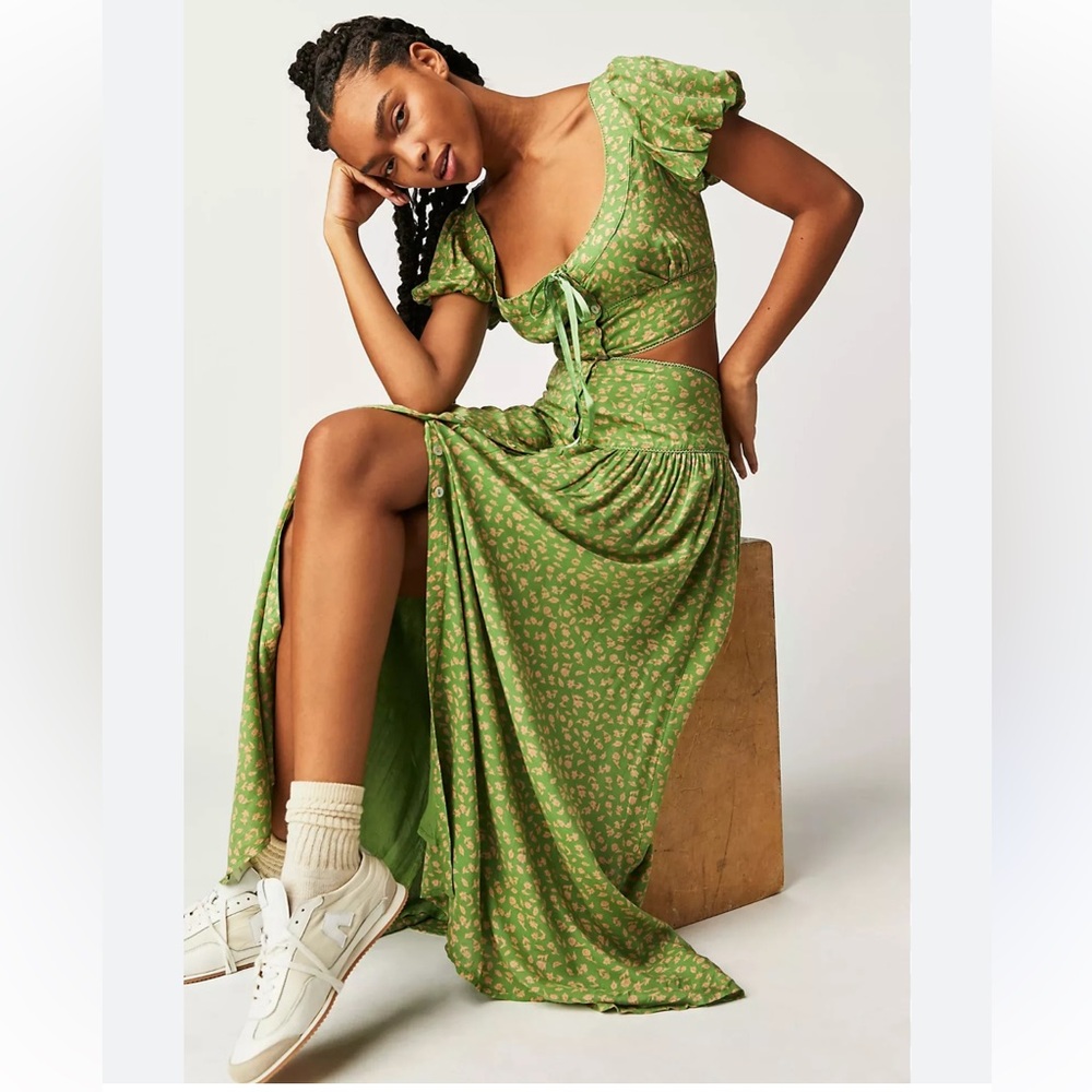 Free People Easy to Love Set Skirt Crop Top Skirt Set Green Floral NWT - Picture 3 of 17